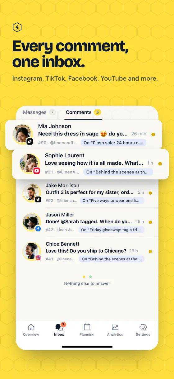 The Hivenza app: every comment from Instagram, TikTok, Facebook and YouTube in one inbox.
