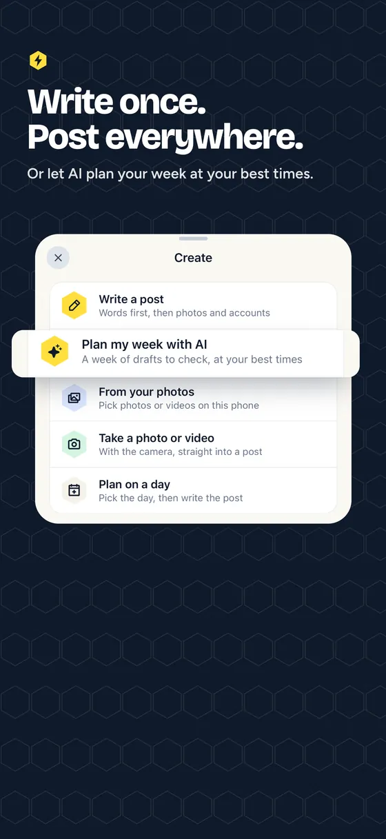 The Hivenza app's Create menu: write a post, or let Enza plan your week at your best times.