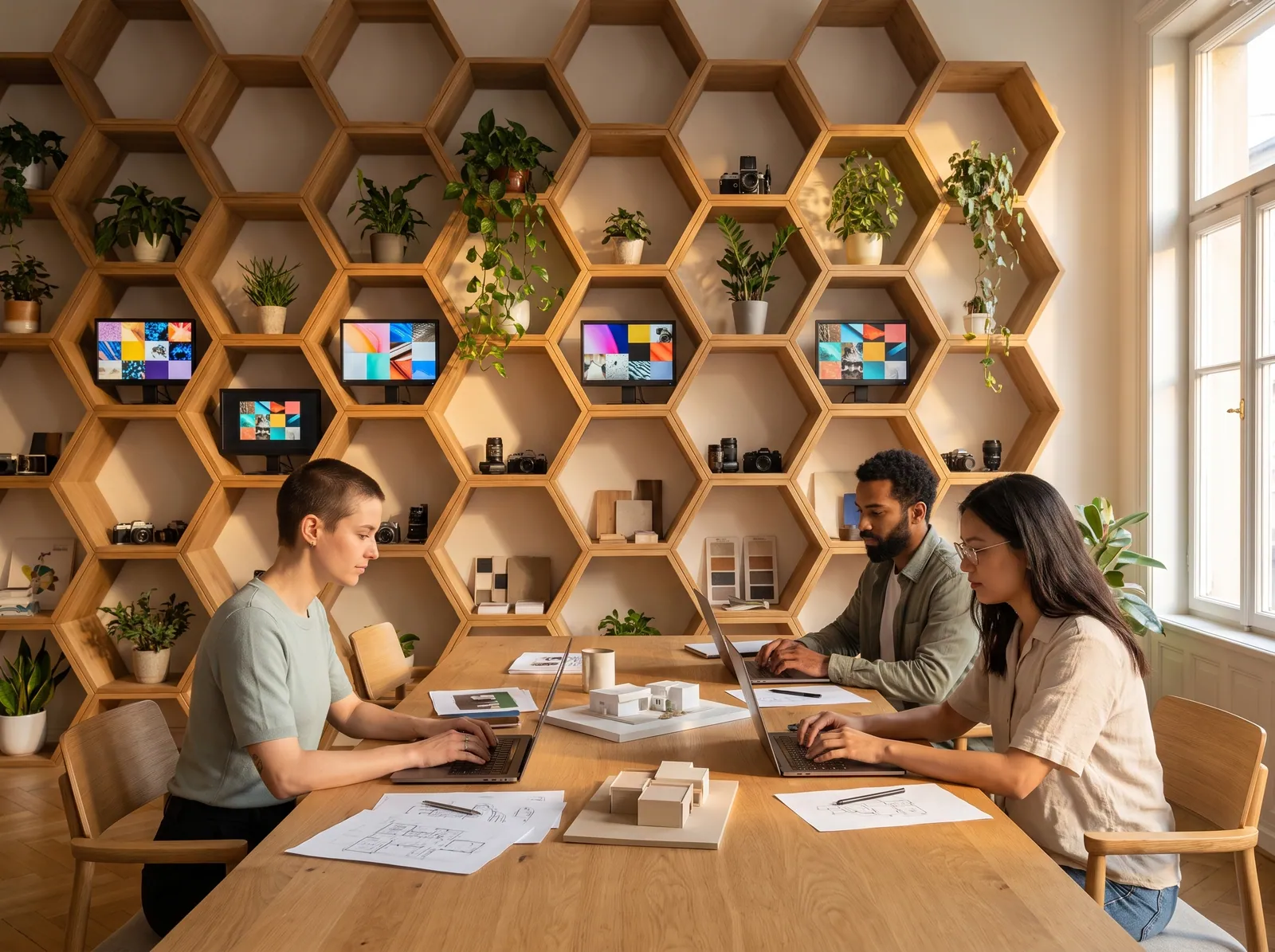 A team at work in a studio with honeycomb shelving