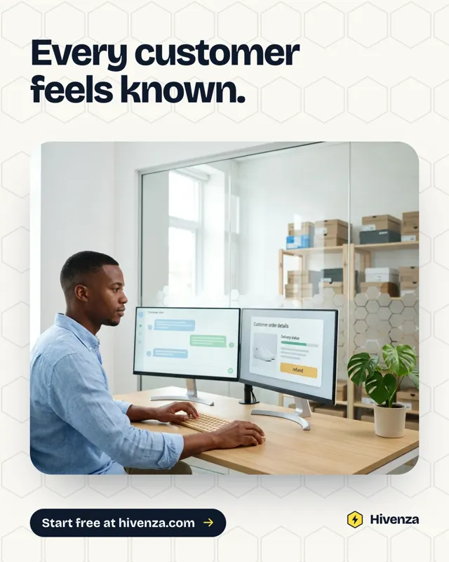 Hivenza poster: a support agent at two screens, the chat on one and the customer’s details on the other