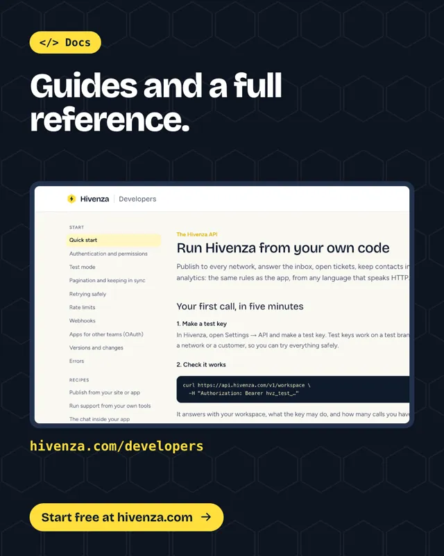 Hivenza developer poster: the developer site’s quick start page