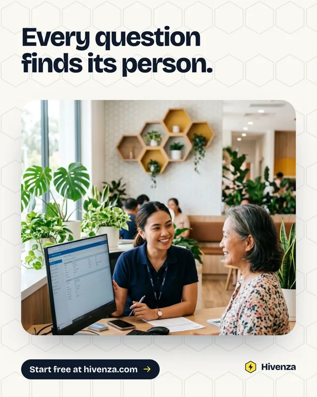 Hivenza poster: a support agent helping a customer at a desk in a bright office with hexagon shelves