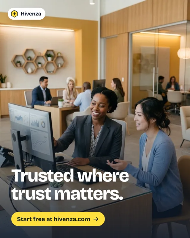 Hivenza poster: advisers working with clients at desks in a warm, wood-panelled office