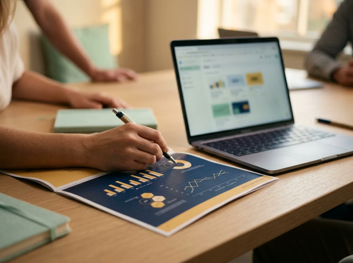 A monthly social media report in the brand’s colours, open on a desk