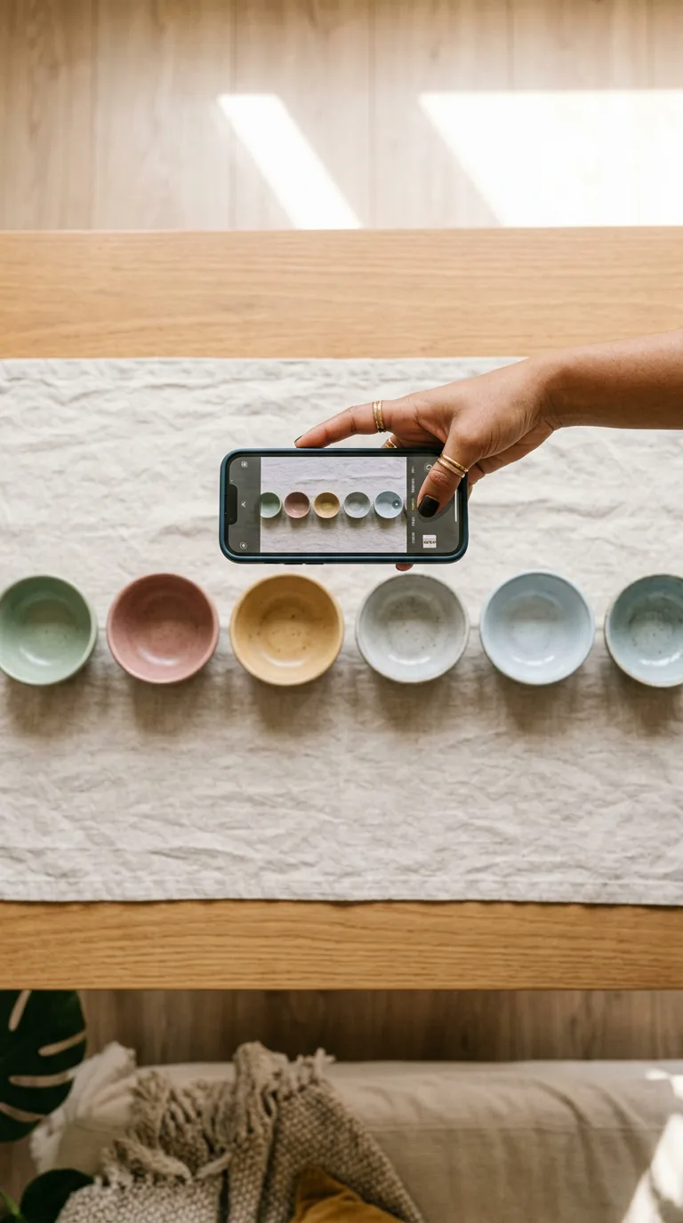 Product photos laid out in order on a table, shot one by one for a carousel post