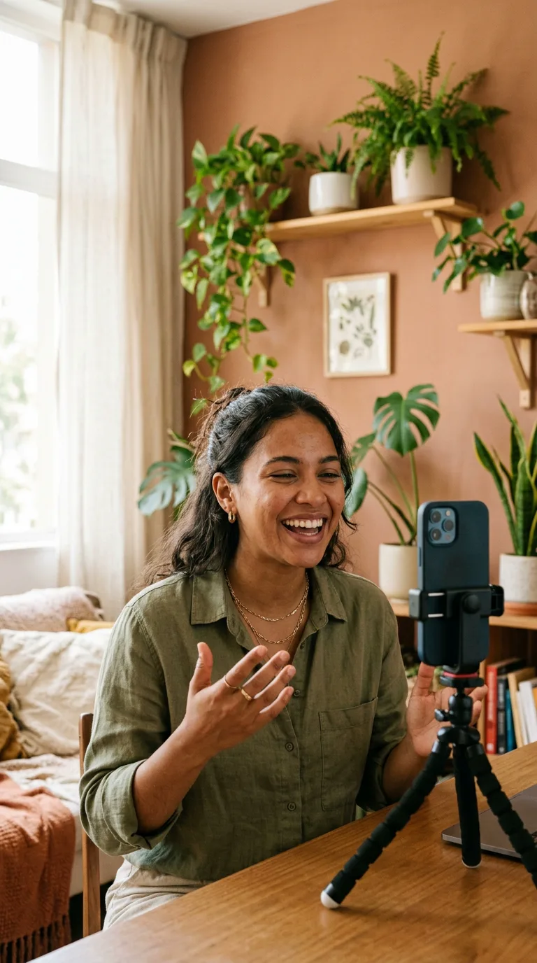A creator filming a vertical video for Instagram Reels in a bright studio, phone on a small tripod