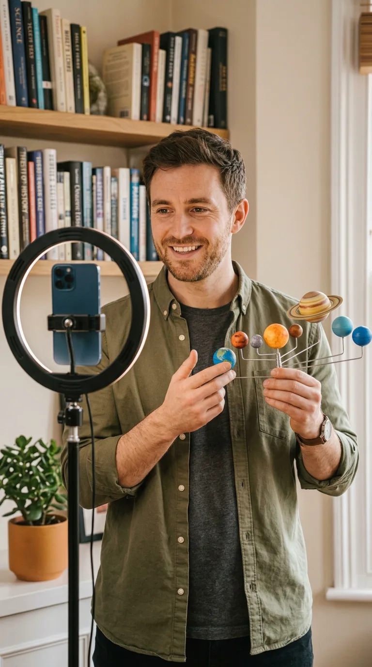 A presenter filming a short vertical explainer for YouTube Shorts in front of a bookshelf