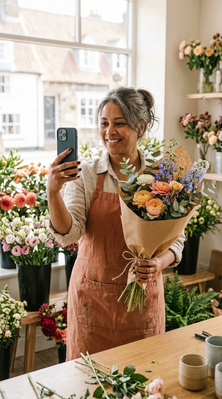 A shop owner holding up a phone to film a same-day Instagram story in her shop