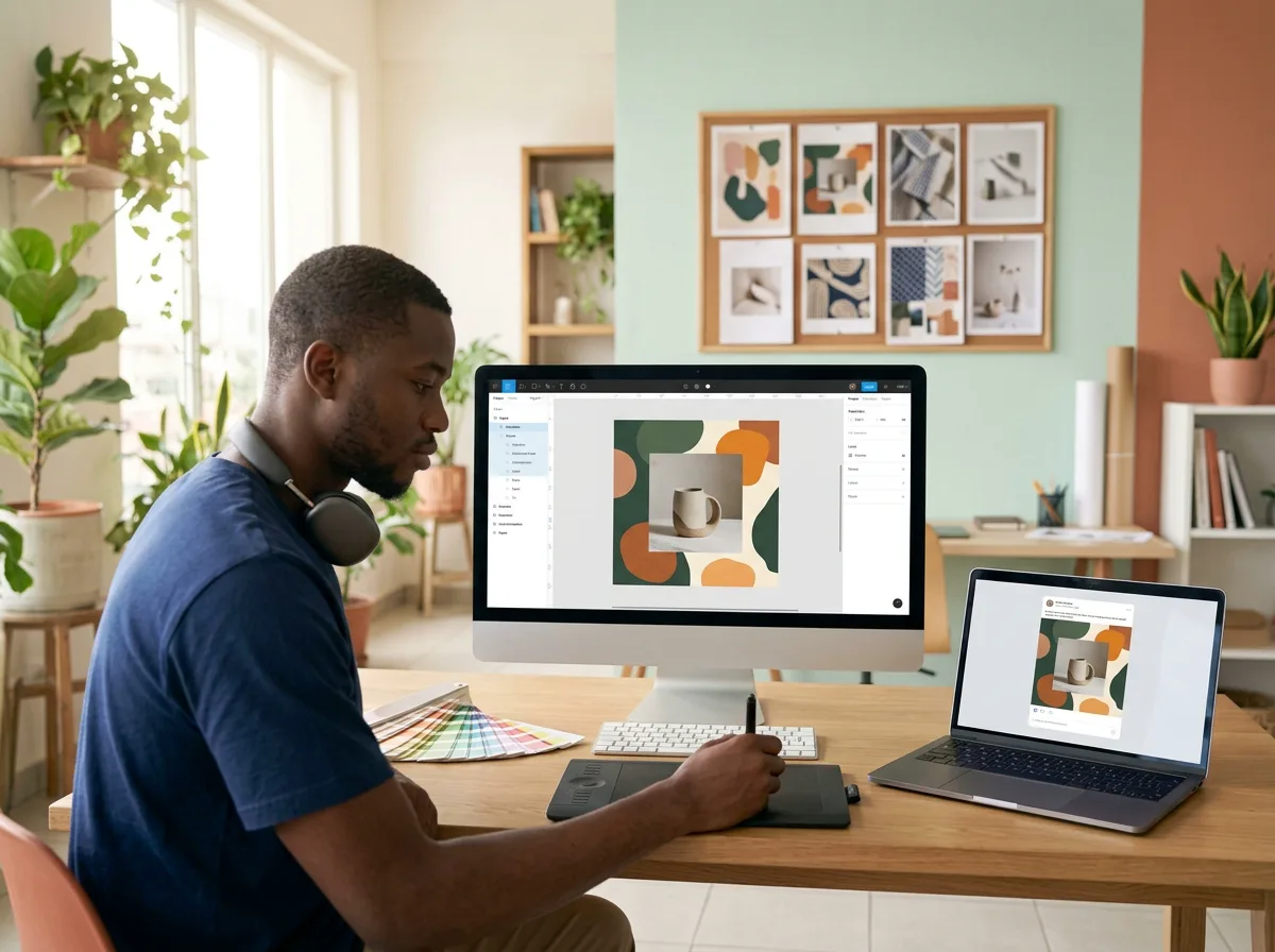 A designer finishing a Canva design and opening it straight into a Hivenza post