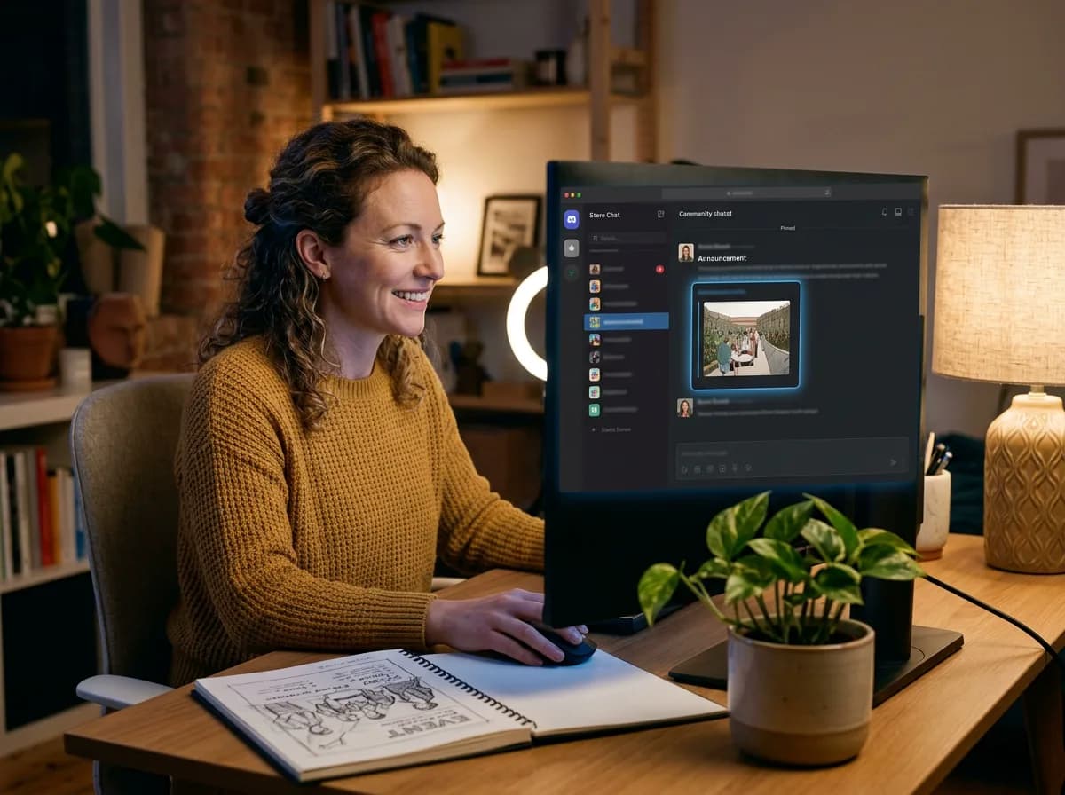 A community’s Discord server getting a scheduled announcement from Hivenza on a studio monitor