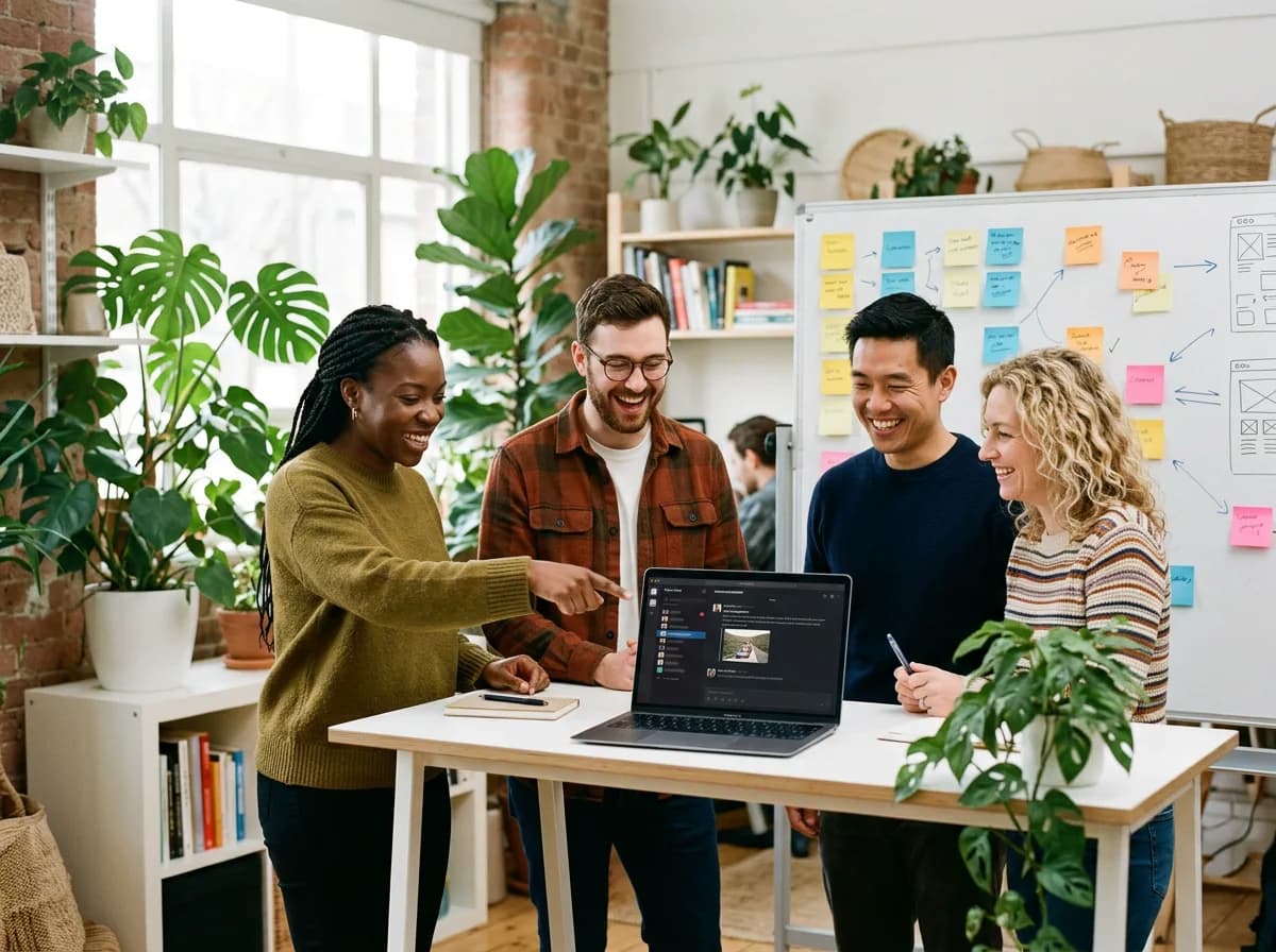 A Slack channel on a laptop receiving a scheduled launch announcement from Hivenza, the team reacting