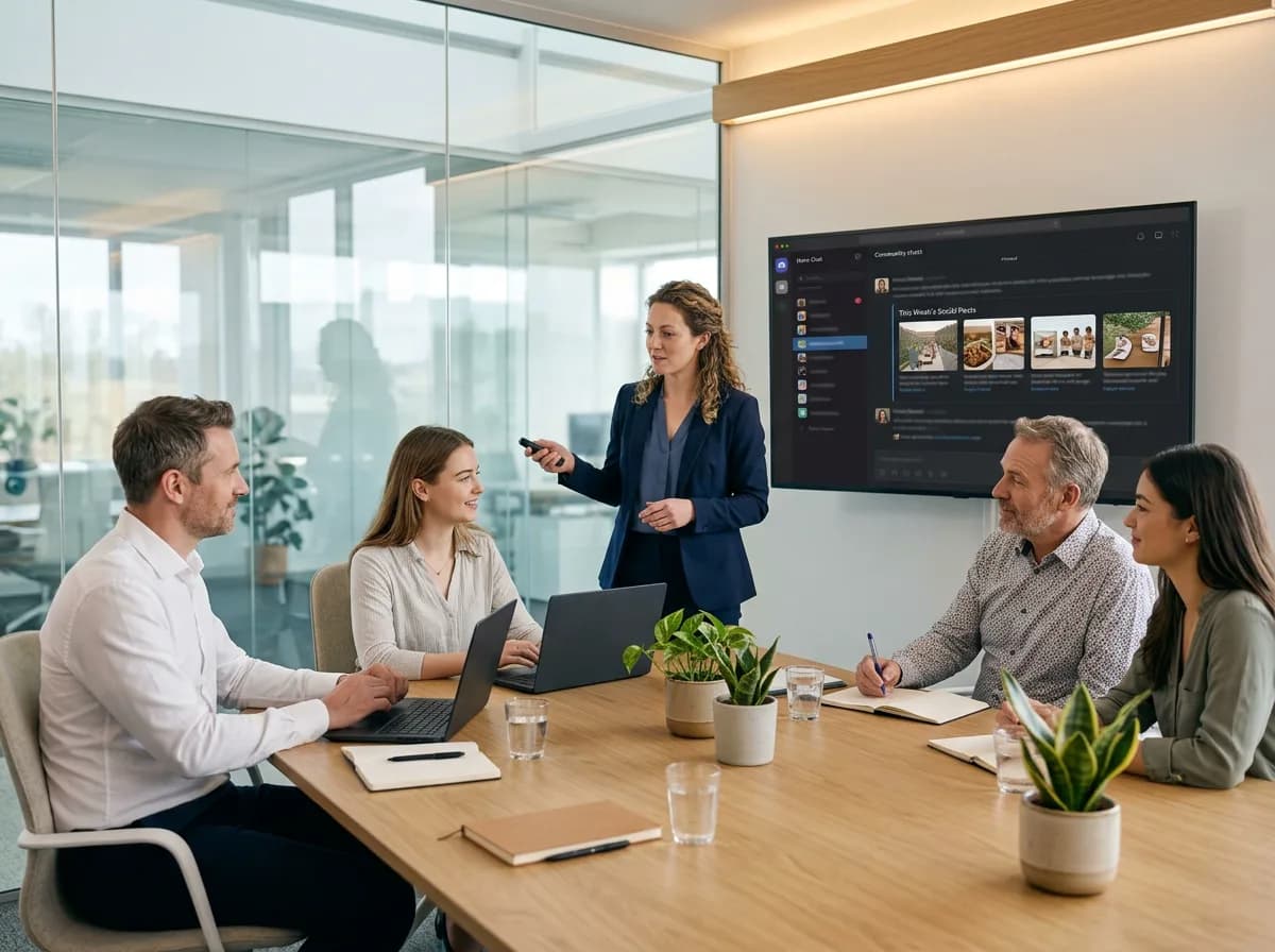 A Microsoft Teams channel showing the week’s scheduled posts from Hivenza, people at a meeting table