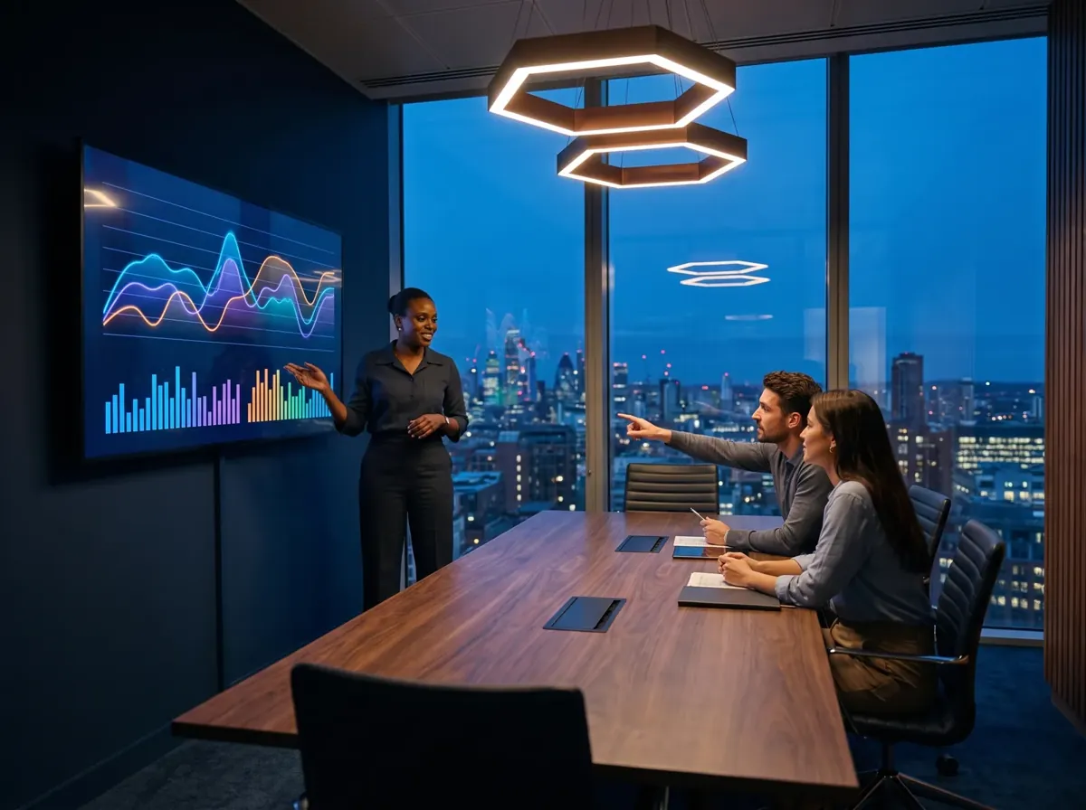 A support lead presenting reply times and charts on a wall screen at dusk