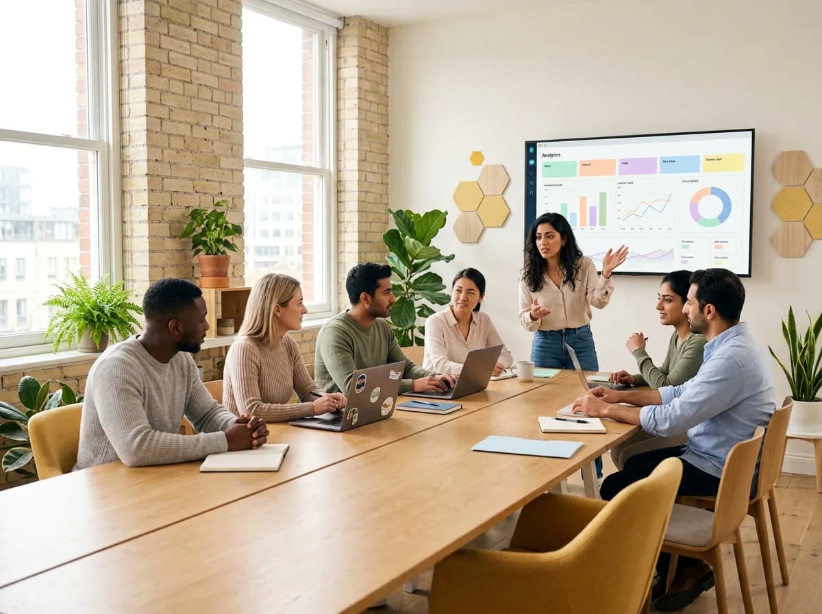 A mixed team in a meeting room discussing the analytics dashboard on the wall screen