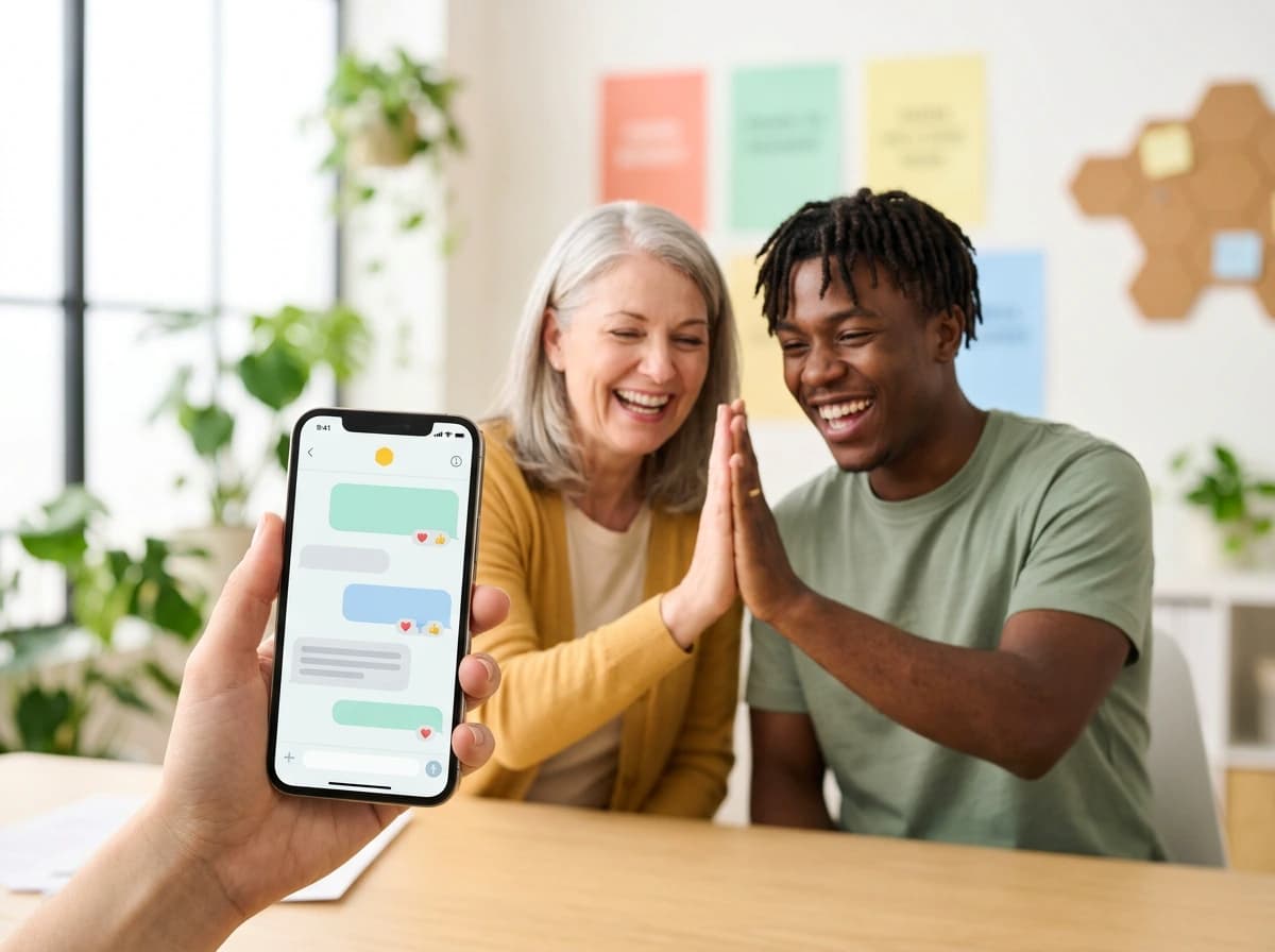 A phone chat in close-up as two community workers high-five behind it